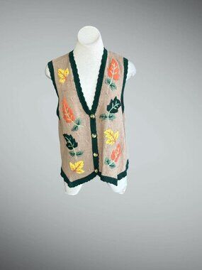 Vintage Autumn Leaf Embroidered Cottagecore Cardigan Sweater Vest by Teddi L